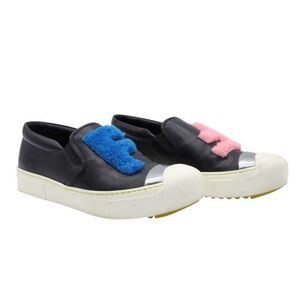 Fendi FF Shearling Fur Slip-On Sneaker in Black Leather SZ 8.5